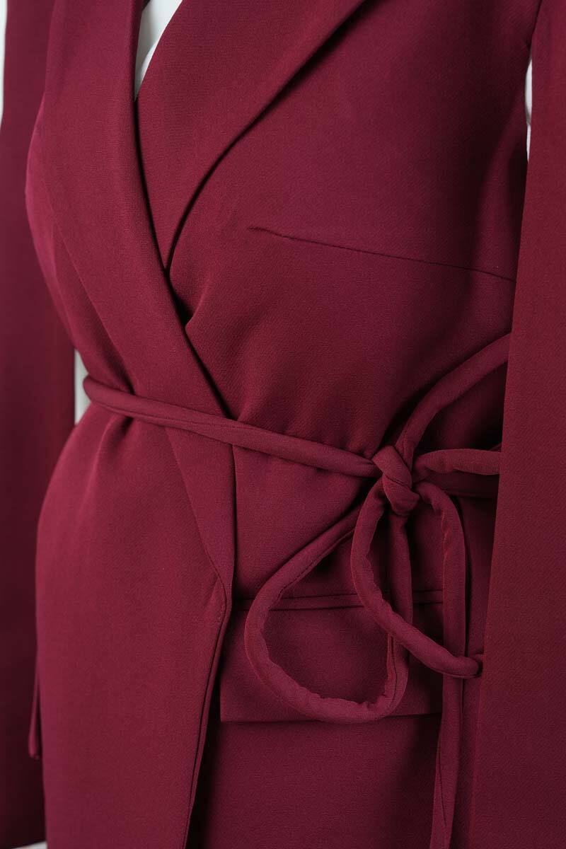 Tesettür Blazer Takım Omuz Tasarım Yelekli Blazer İkili Takım Bordo - 5
