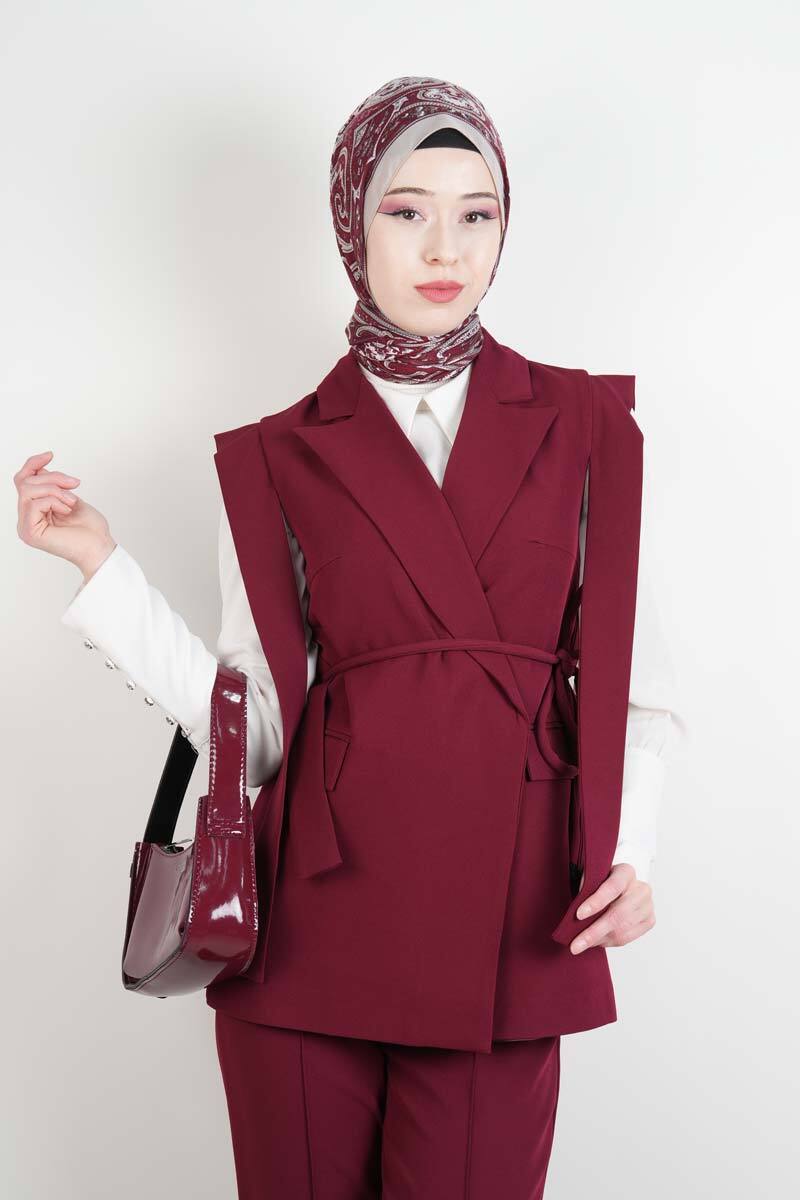 Tesettür Blazer Takım Omuz Tasarım Yelekli Blazer İkili Takım Bordo - 4