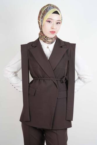 Tesettür Blazer Takım Omuz Tasarım Yelekli Blazer İkili Takım Kahverengi - 4