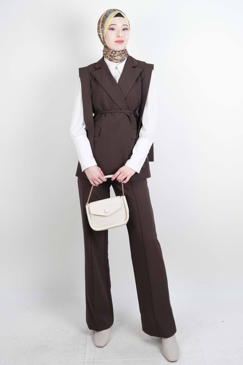 Tesettür Blazer Takım Omuz Tasarım Yelekli Blazer İkili Takım Kahverengi - 1