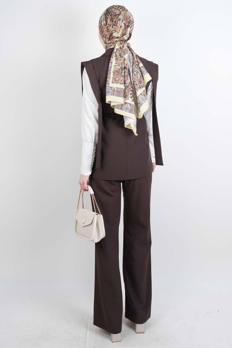 Tesettür Blazer Takım Omuz Tasarım Yelekli Blazer İkili Takım Kahverengi - 3