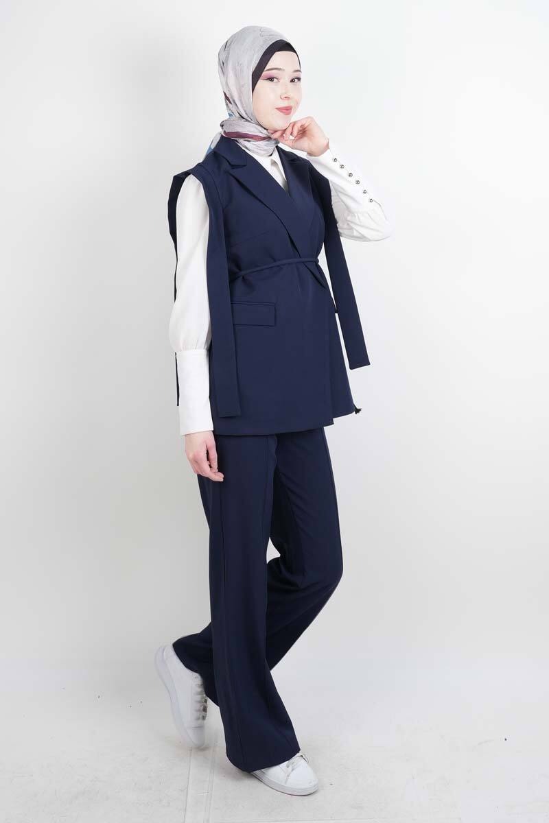 Tesettür Blazer Takım Omuz Tasarım Yelekli Blazer İkili Takım Lacivert - 2