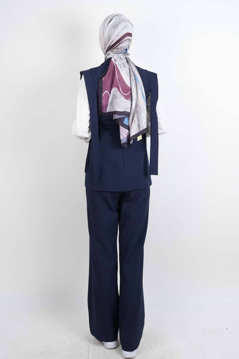 Tesettür Blazer Takım Omuz Tasarım Yelekli Blazer İkili Takım Lacivert - 3
