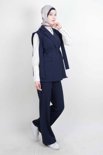 Tesettür Blazer Takım Omuz Tasarım Yelekli Blazer İkili Takım Lacivert - 03Kız Kulesi Teks (1)