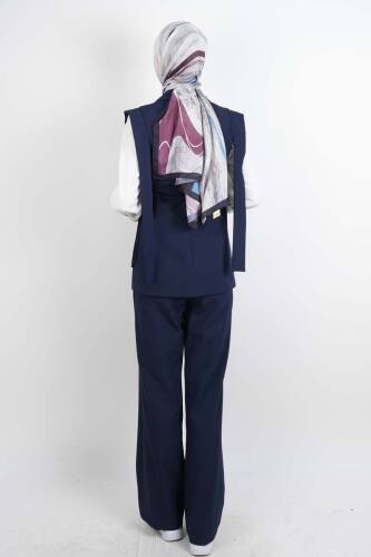 Tesettür Blazer Takım Omuz Tasarım Yelekli Blazer İkili Takım Lacivert - 3