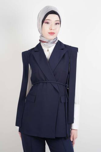 Tesettür Blazer Takım Omuz Tasarım Yelekli Blazer İkili Takım Lacivert - 4