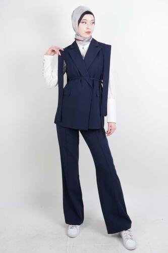 Tesettür Blazer Takım Omuz Tasarım Yelekli Blazer İkili Takım Lacivert - 03Kız Kulesi Teks