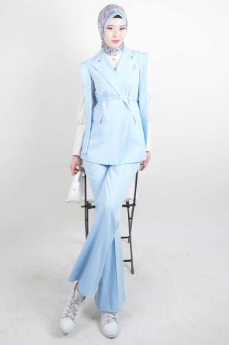 Tesettür Blazer Takım Omuz Tasarım Yelekli Blazer İkili Takım Mavi 