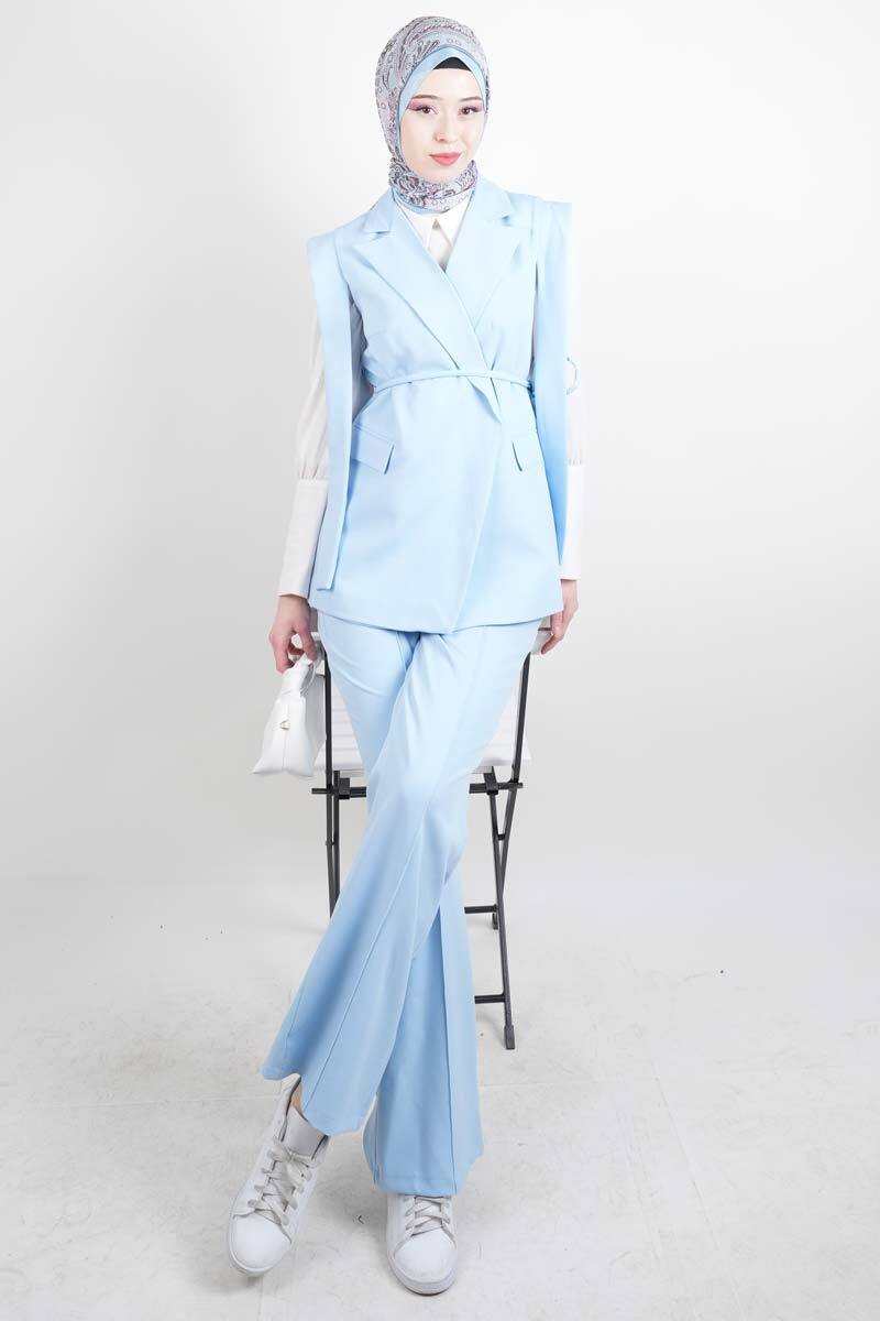 Tesettür Blazer Takım Omuz Tasarım Yelekli Blazer İkili Takım Mavi - 1
