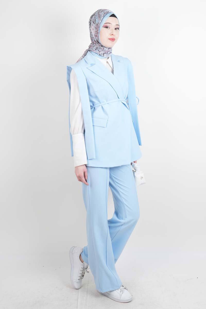 Tesettür Blazer Takım Omuz Tasarım Yelekli Blazer İkili Takım Mavi - 2