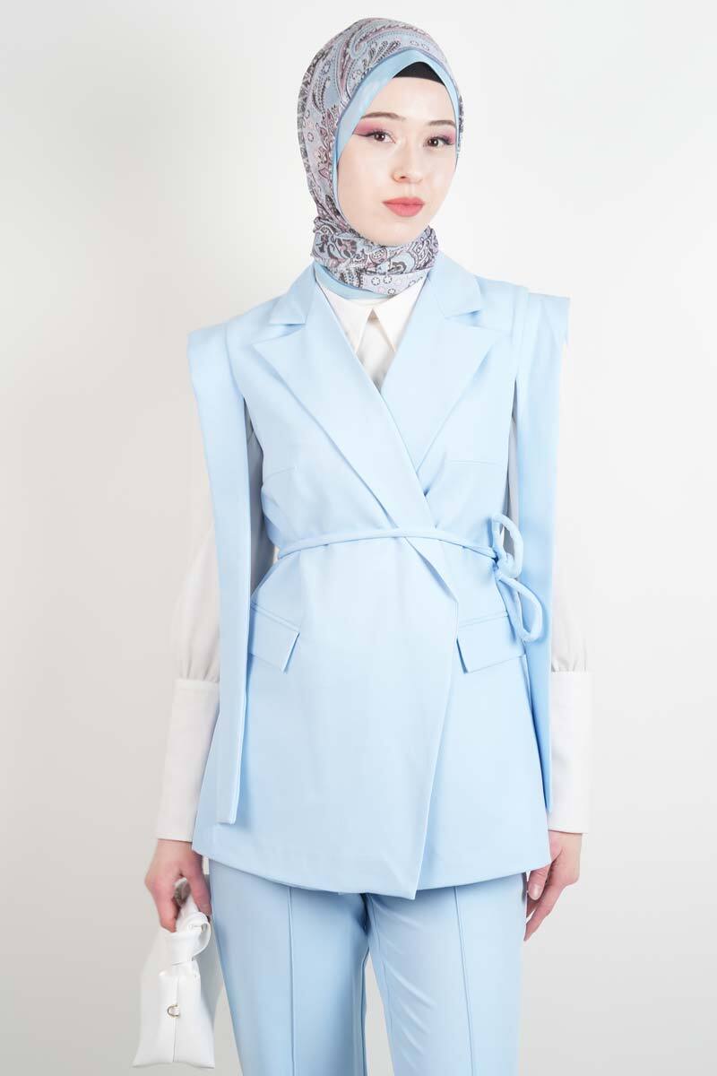 Tesettür Blazer Takım Omuz Tasarım Yelekli Blazer İkili Takım Mavi - 4