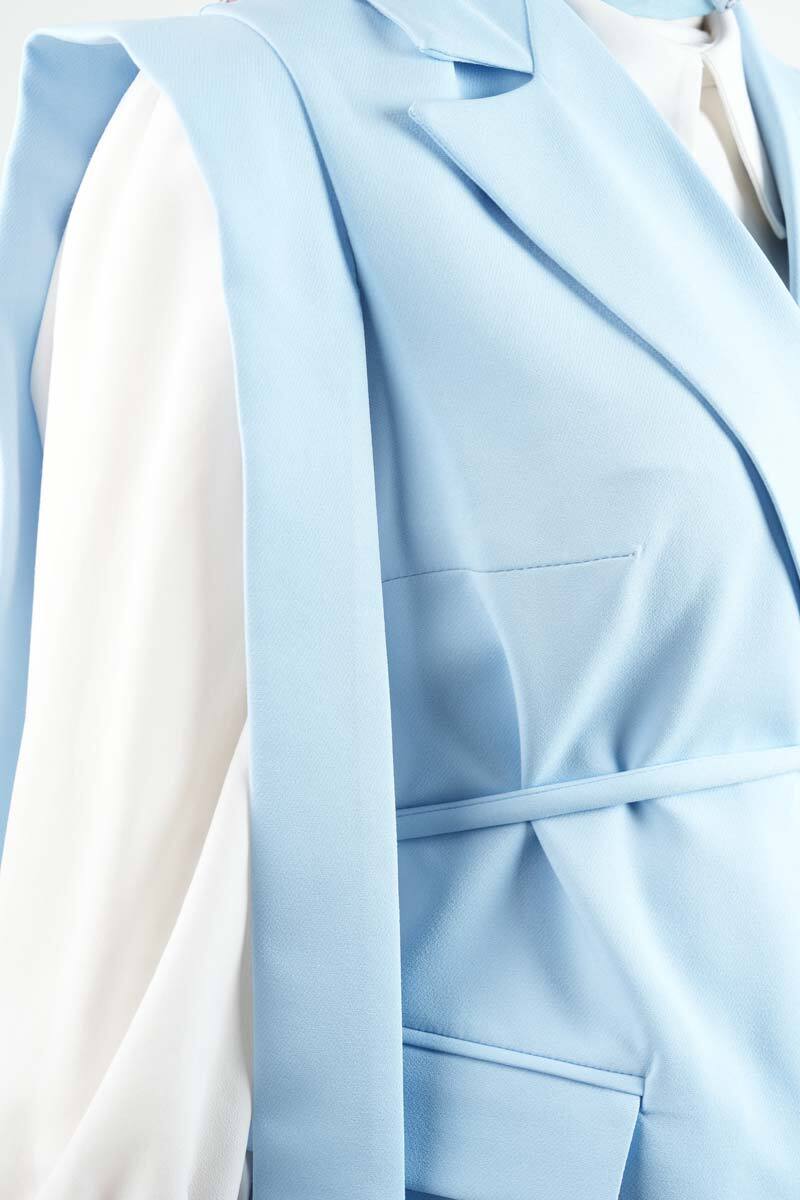 Tesettür Blazer Takım Omuz Tasarım Yelekli Blazer İkili Takım Mavi - 5