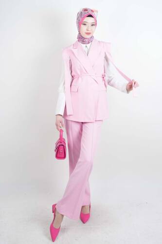 Tesettür Blazer Takım Omuz Tasarım Yelekli Blazer İkili Takım Pembe 