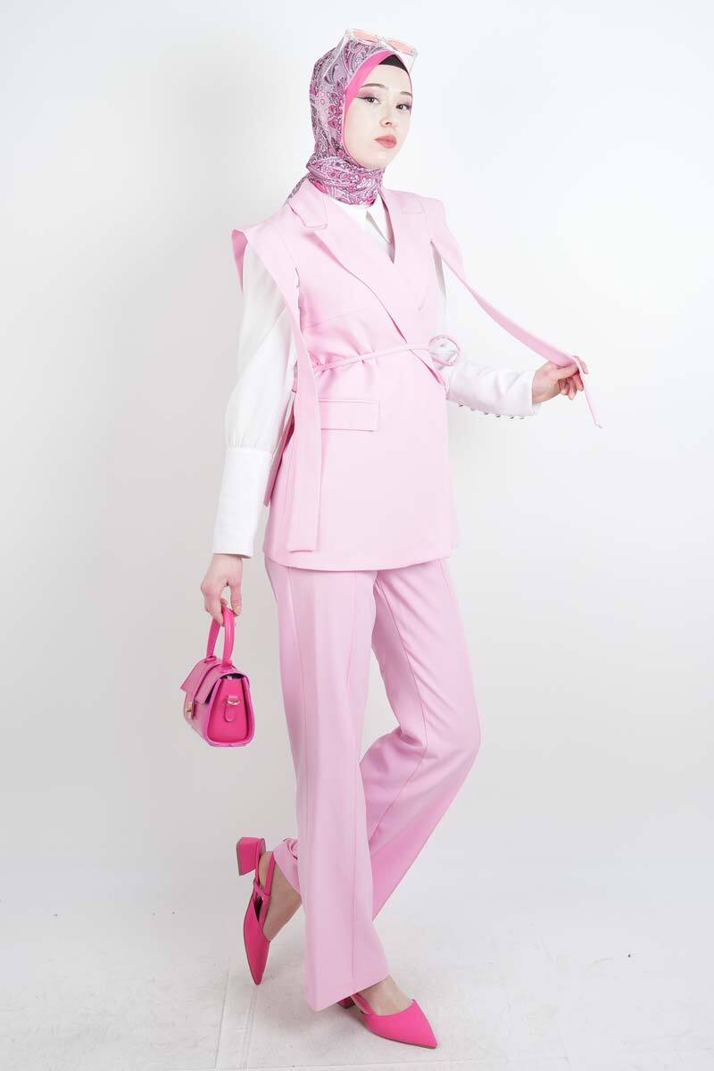 Tesettür Blazer Takım Omuz Tasarım Yelekli Blazer İkili Takım Pembe - 2