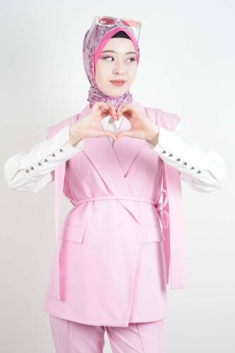 Tesettür Blazer Takım Omuz Tasarım Yelekli Blazer İkili Takım Pembe - 4