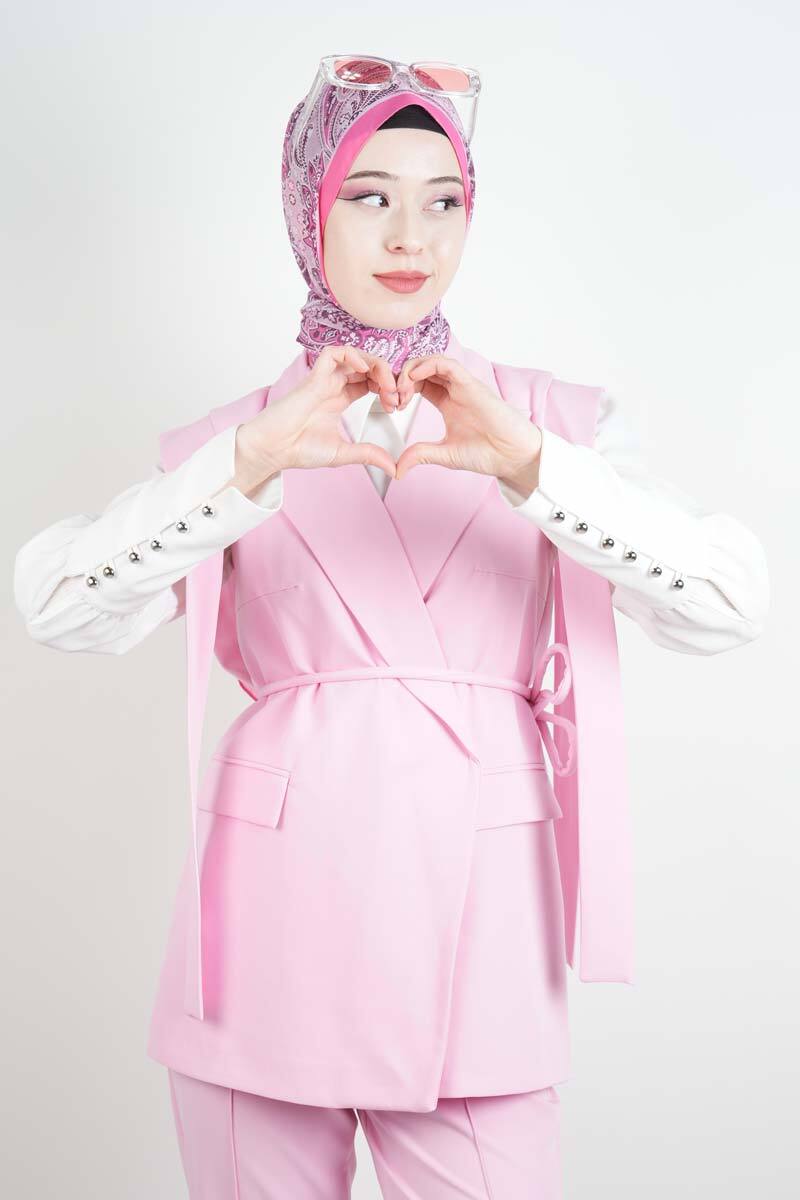 Tesettür Blazer Takım Omuz Tasarım Yelekli Blazer İkili Takım Pembe - 4