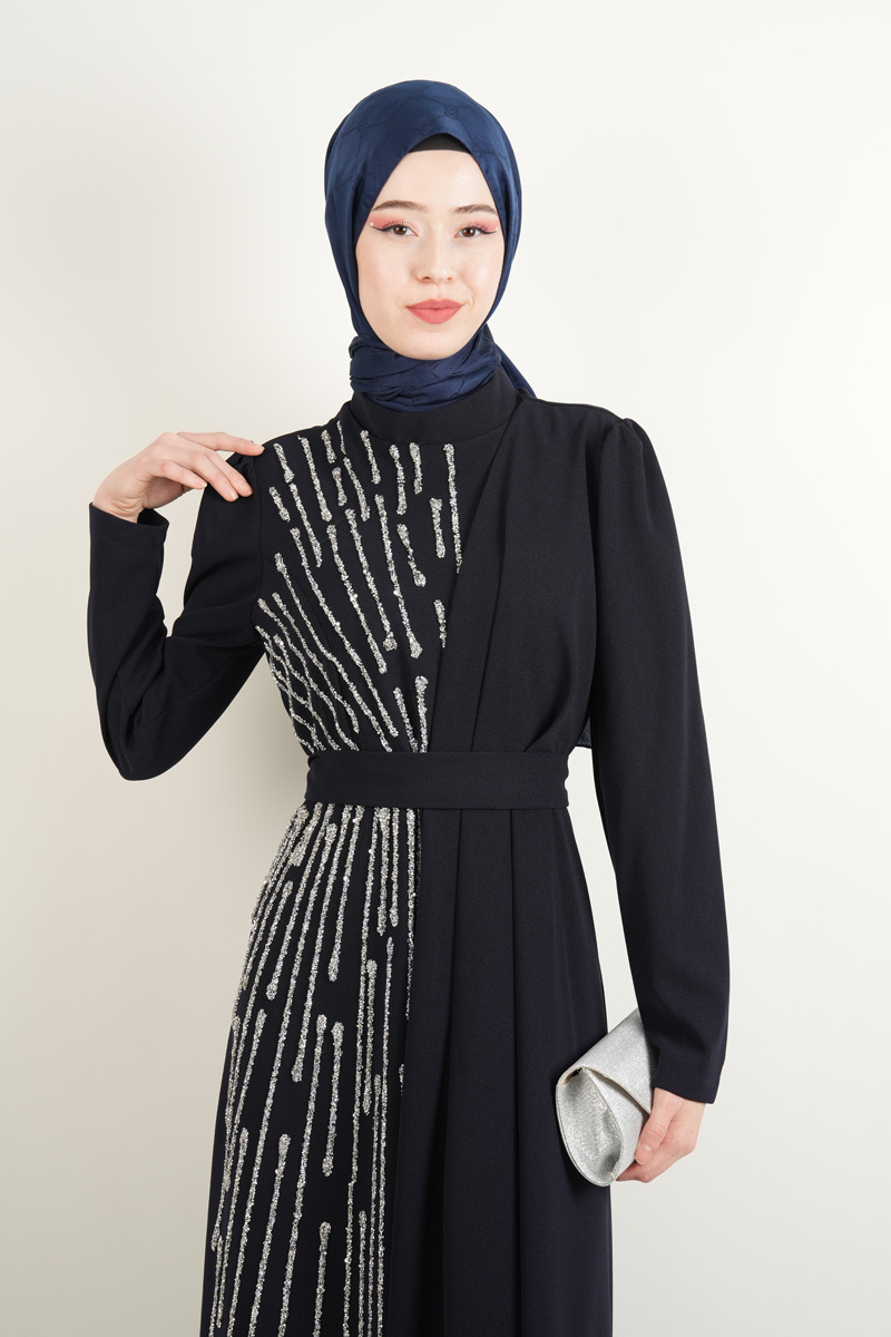 Tesettür Büyük Beden Abiye Sol Taşlı Krep Abiye Lacivert - 4