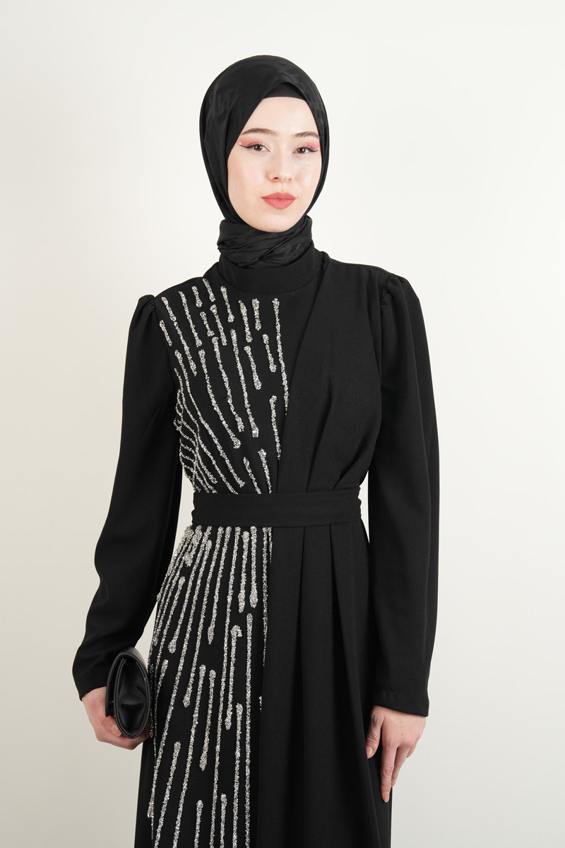 Tesettür Büyük Beden Abiye Sol Taşlı Krep Abiye Siyah - 4