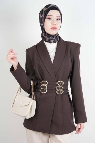 Tesettür Ceket 3 Kemer Detaylı Kol Vatkalı Blazer Ceket Kahverengi - 03Kız Kulesi Teks