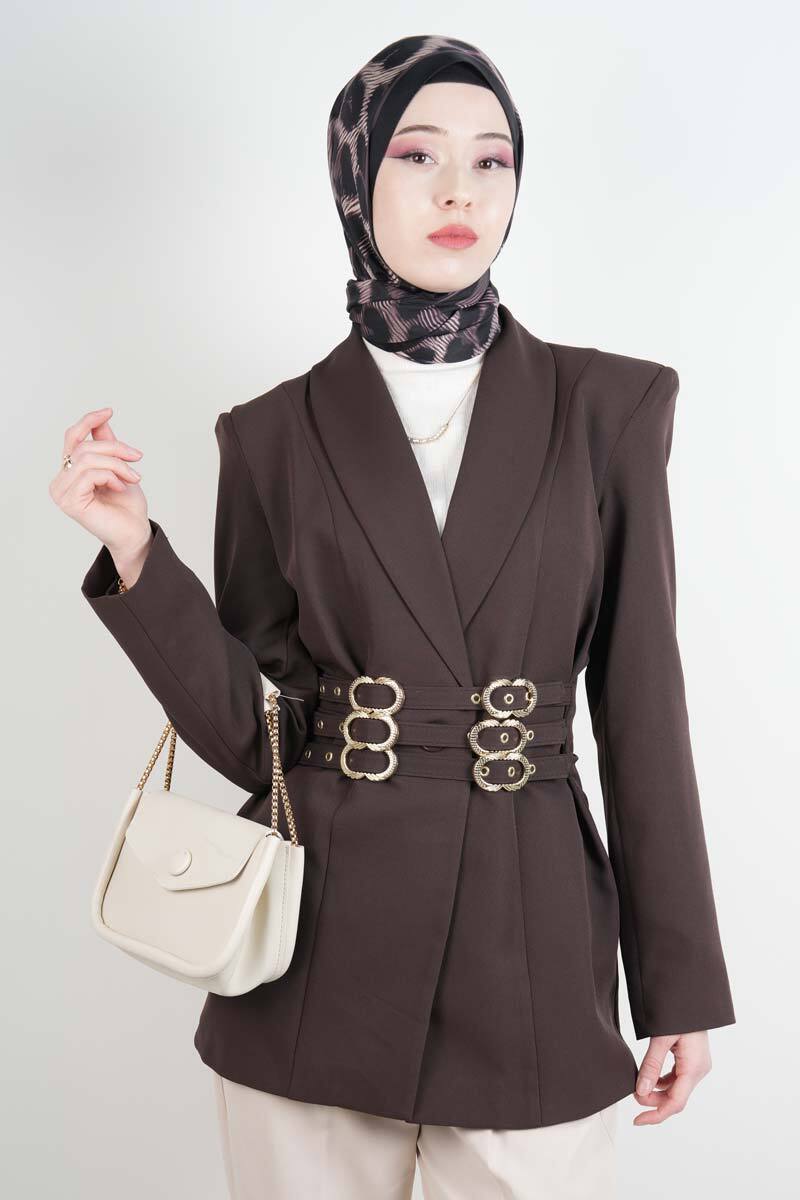 Tesettür Ceket 3 Kemer Detaylı Kol Vatkalı Blazer Ceket Kahverengi - 1