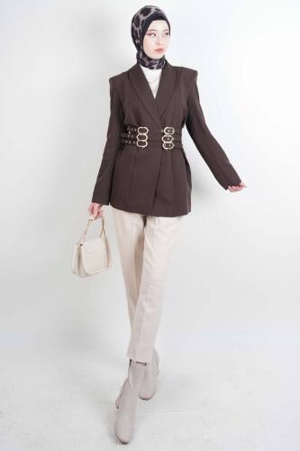 Tesettür Ceket 3 Kemer Detaylı Kol Vatkalı Blazer Ceket Kahverengi - 03Kız Kulesi Teks (1)