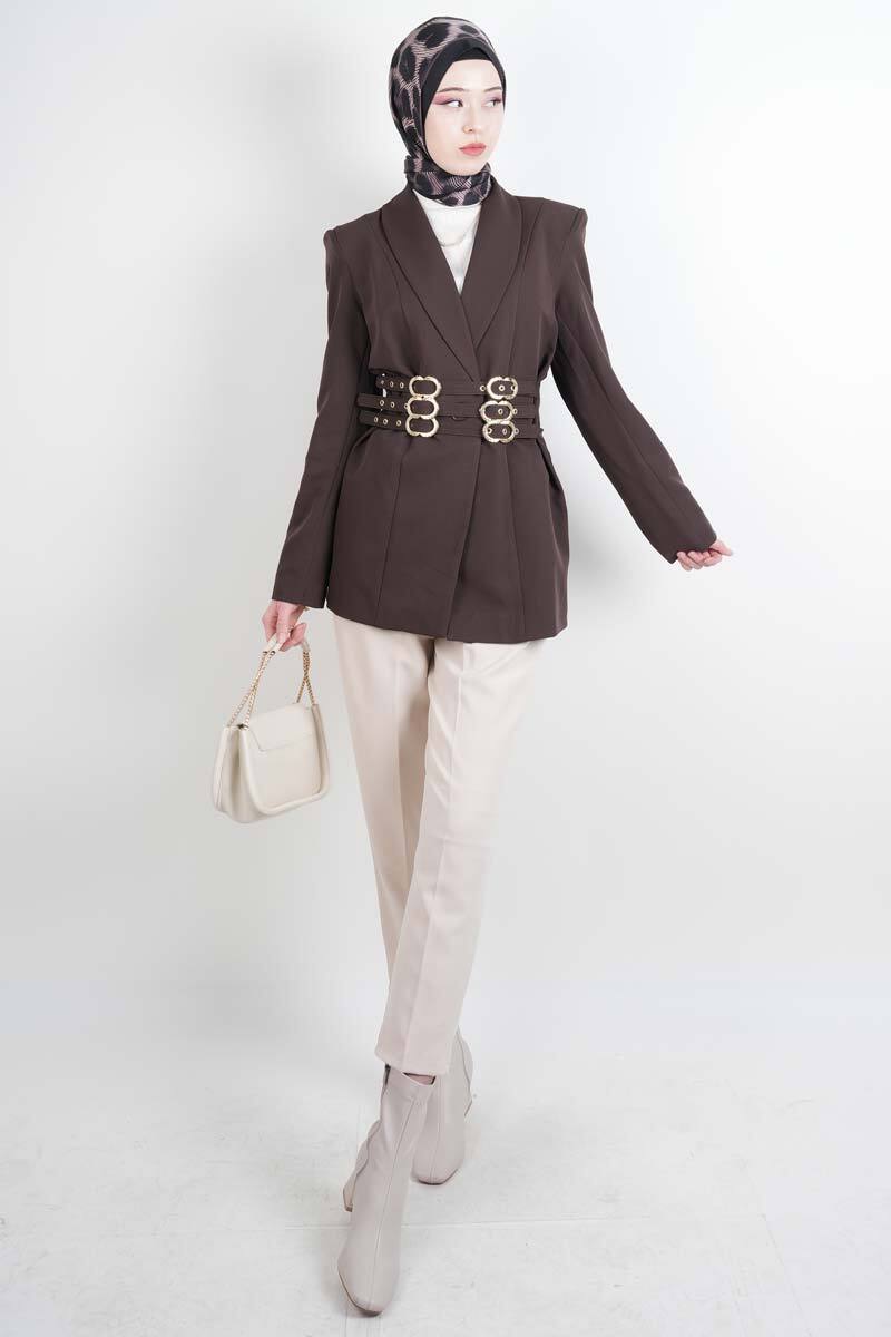Tesettür Ceket 3 Kemer Detaylı Kol Vatkalı Blazer Ceket Kahverengi - 2