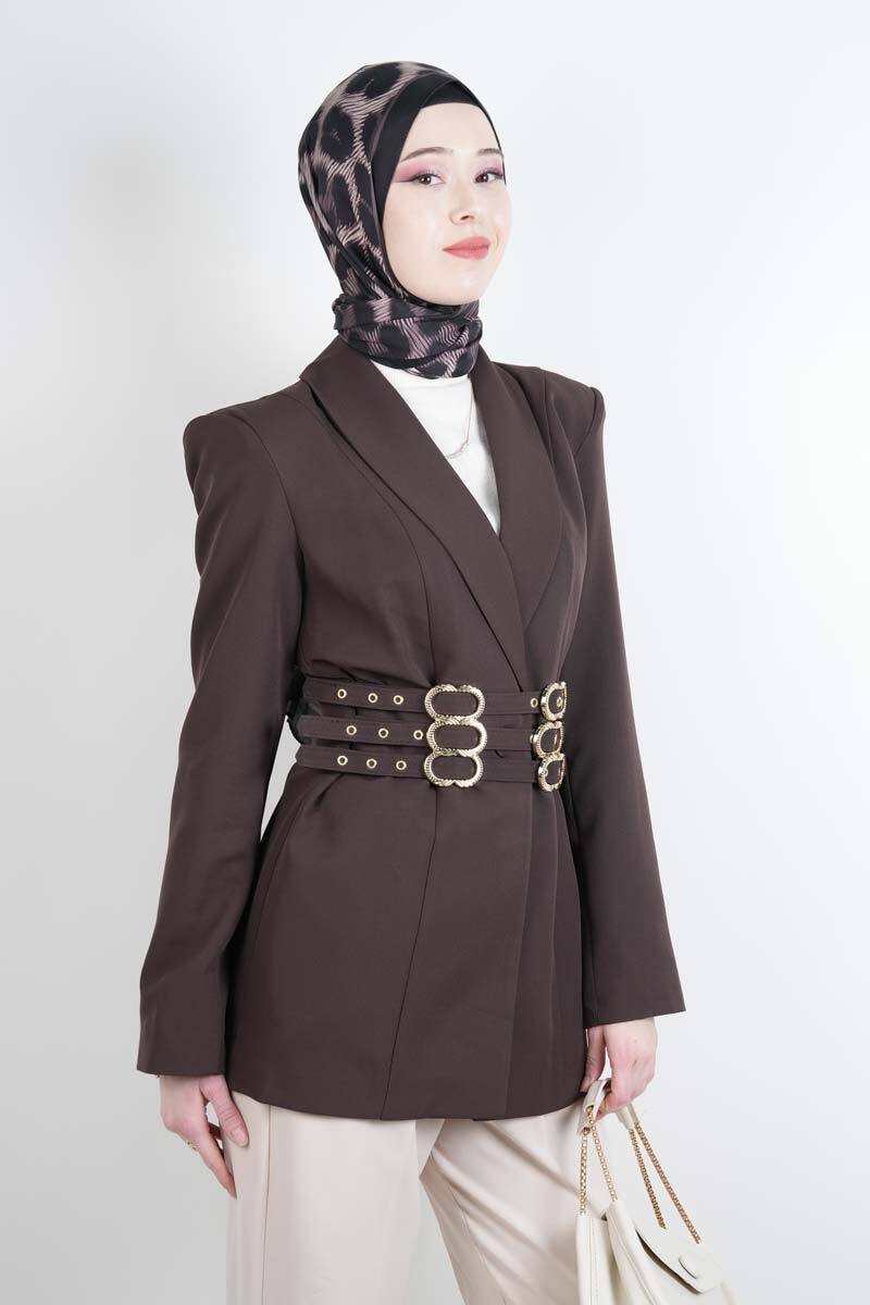 Tesettür Ceket 3 Kemer Detaylı Kol Vatkalı Blazer Ceket Kahverengi - 3