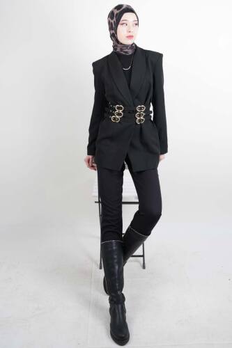 Tesettür Ceket 3 Kemer Detaylı Kol Vatkalı Blazer Ceket Siyah - 03Kız Kulesi Teks (1)