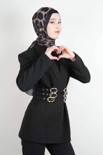 Tesettür Ceket 3 Kemer Detaylı Kol Vatkalı Blazer Ceket Siyah - 3