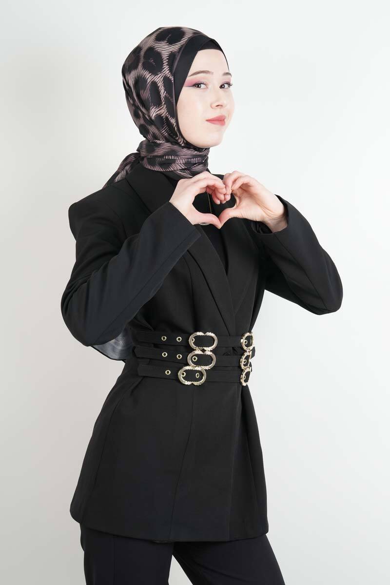 Tesettür Ceket 3 Kemer Detaylı Kol Vatkalı Blazer Ceket Siyah - 3