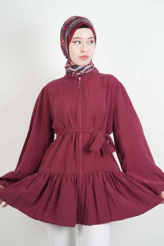 Tesettür Ceket Bel Kuşaklı Alt Fırfır Detaylı Balon Kol Fermuarlı Ceket Bordo - 3