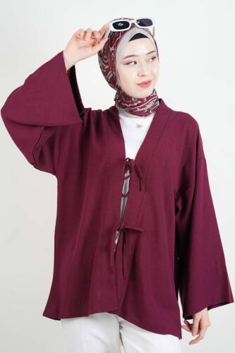 Tesettür Ceket Önden 2 Bağlamalı Keten Kimono Ceket Bordo 