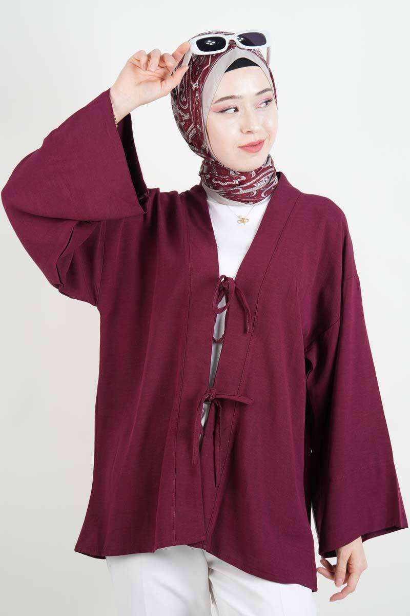 Tesettür Ceket Önden 2 Bağlamalı Keten Kimono Ceket Bordo - 1