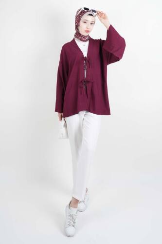 Tesettür Ceket Önden 2 Bağlamalı Keten Kimono Ceket Bordo - 2
