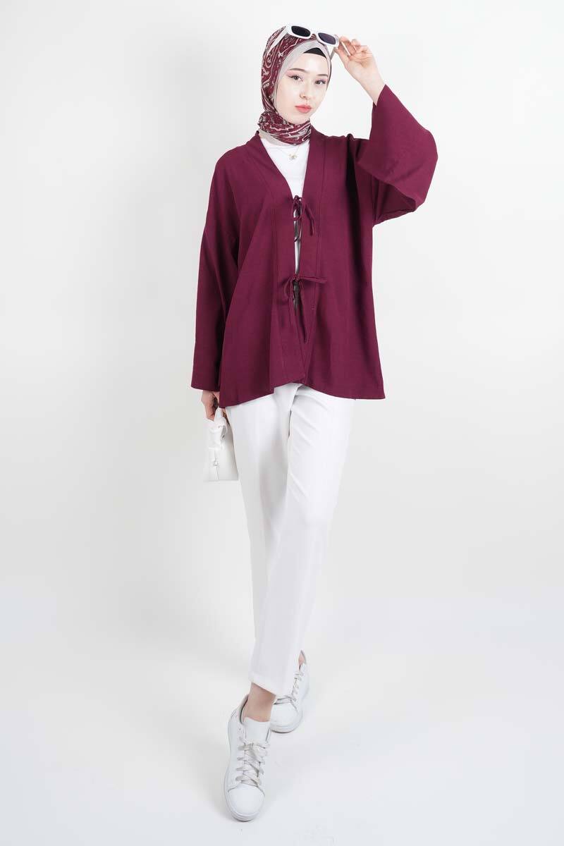 Tesettür Ceket Önden 2 Bağlamalı Keten Kimono Ceket Bordo - 2