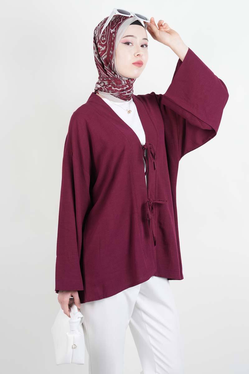 Tesettür Ceket Önden 2 Bağlamalı Keten Kimono Ceket Bordo - 3