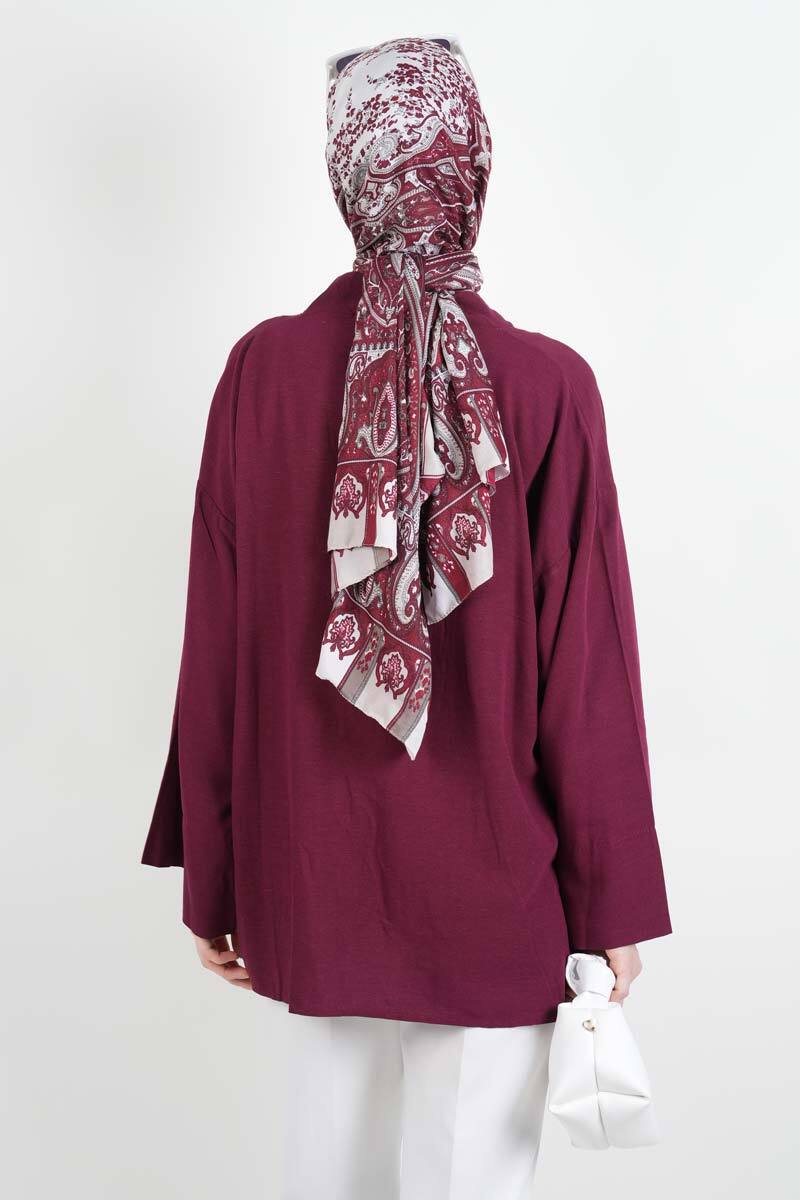 Tesettür Ceket Önden 2 Bağlamalı Keten Kimono Ceket Bordo - 4