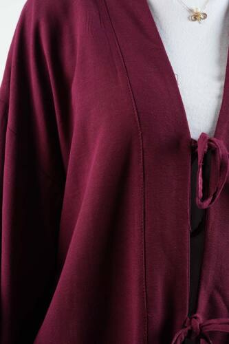Tesettür Ceket Önden 2 Bağlamalı Keten Kimono Ceket Bordo - 5