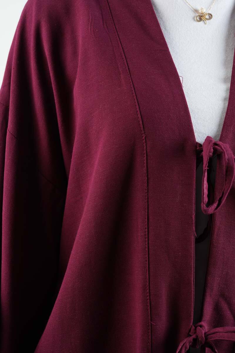 Tesettür Ceket Önden 2 Bağlamalı Keten Kimono Ceket Bordo - 5