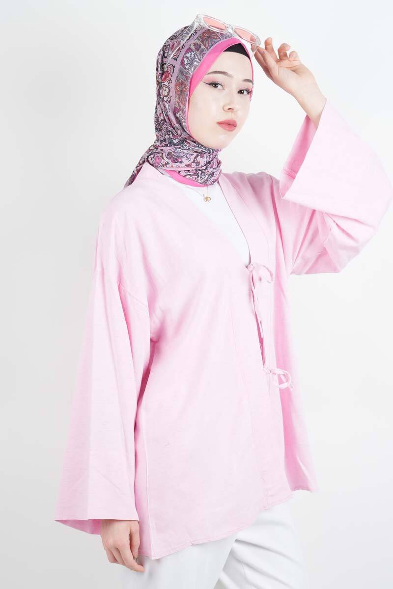 Tesettür Ceket Önden 2 Bağlamalı Keten Kimono Ceket Pudra - 1