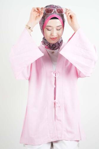 Tesettür Ceket Önden 2 Bağlamalı Keten Kimono Ceket Pudra - 3
