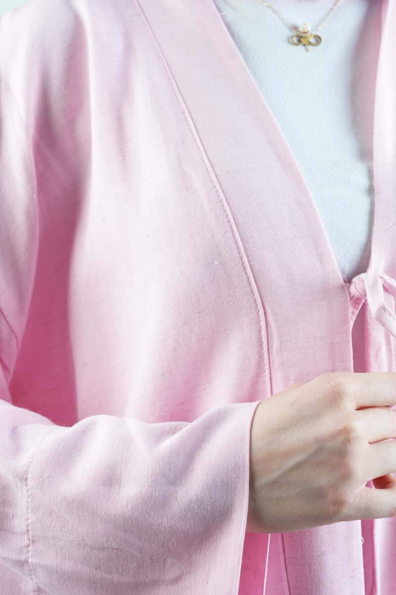 Tesettür Ceket Önden 2 Bağlamalı Keten Kimono Ceket Pudra - 5