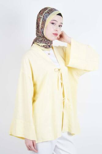 Tesettür Ceket Önden 2 Bağlamalı Keten Kimono Ceket Sarı 