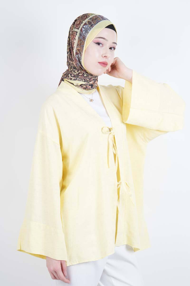 Tesettür Ceket Önden 2 Bağlamalı Keten Kimono Ceket Sarı - 1