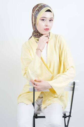 Tesettür Ceket Önden 2 Bağlamalı Keten Kimono Ceket Sarı - 3