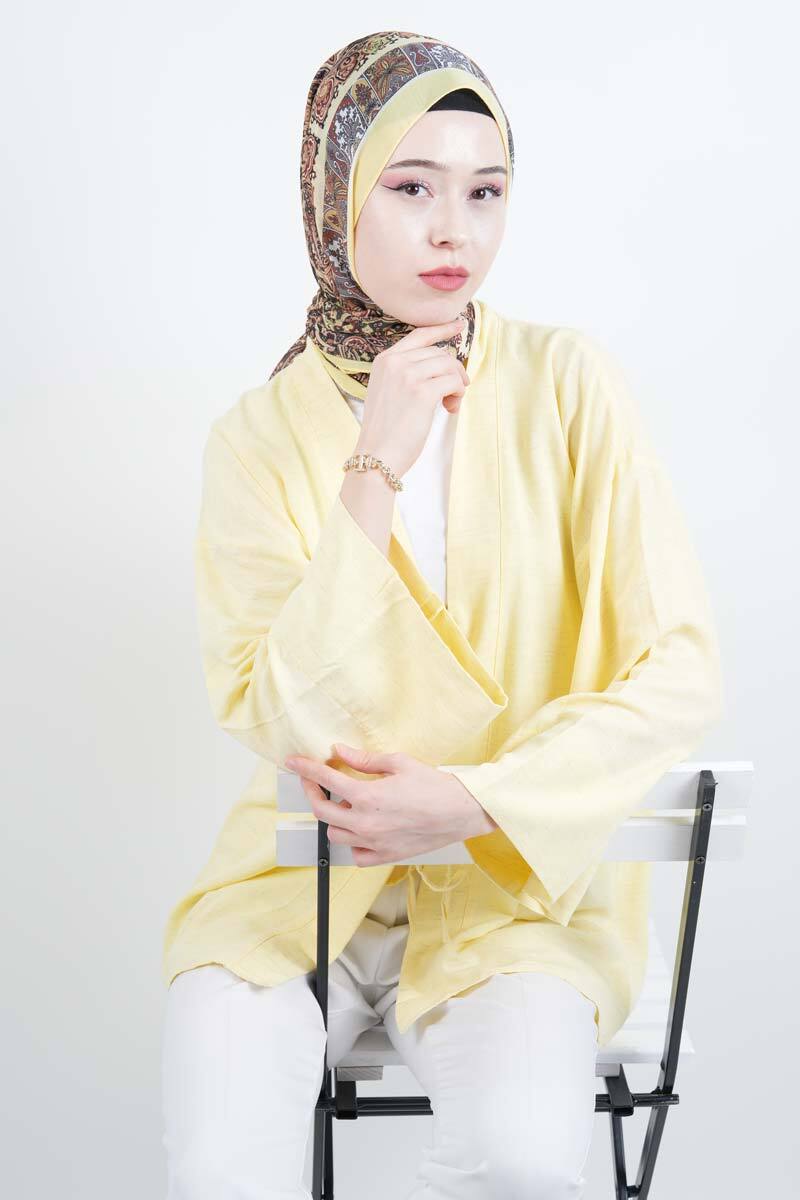 Tesettür Ceket Önden 2 Bağlamalı Keten Kimono Ceket Sarı - 3