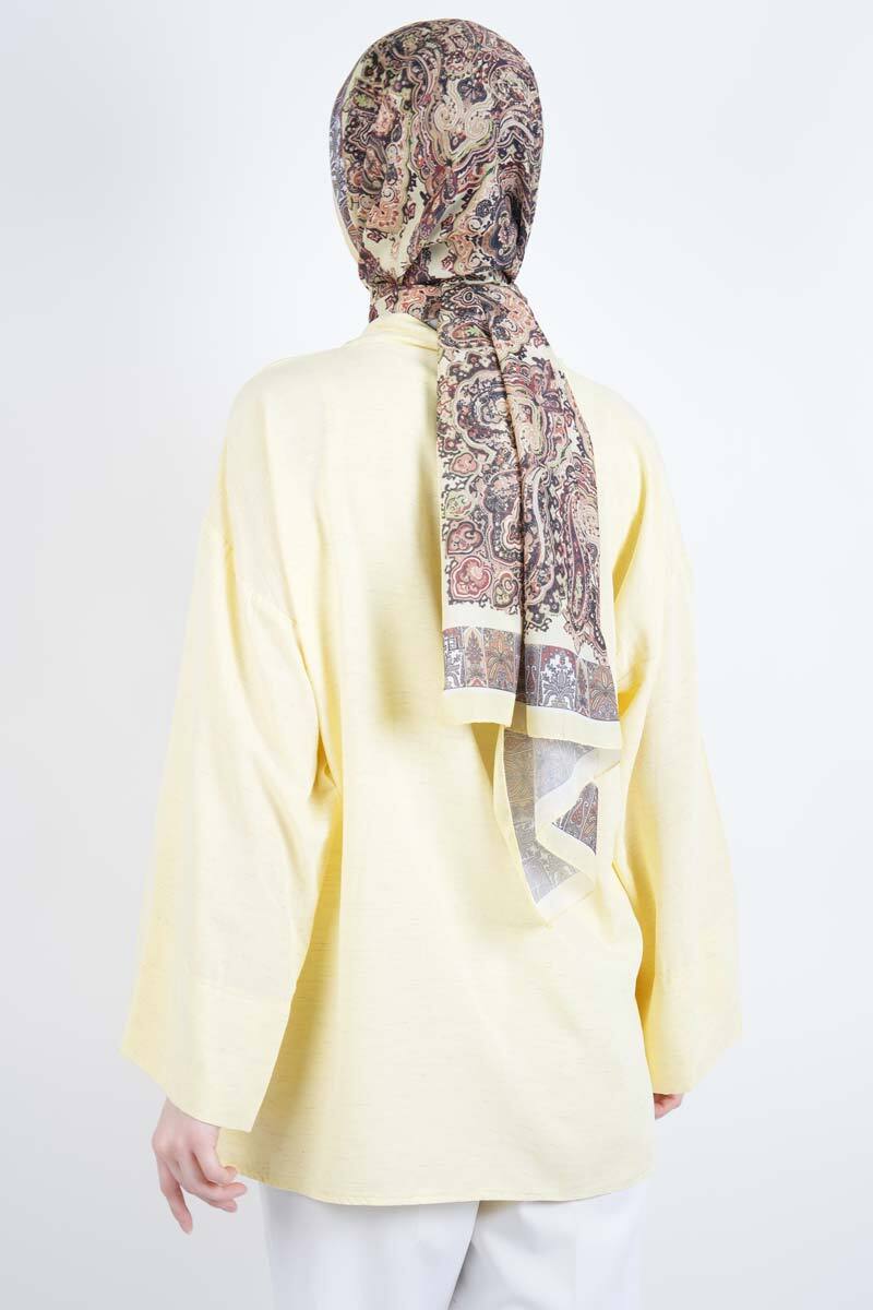 Tesettür Ceket Önden 2 Bağlamalı Keten Kimono Ceket Sarı - 4