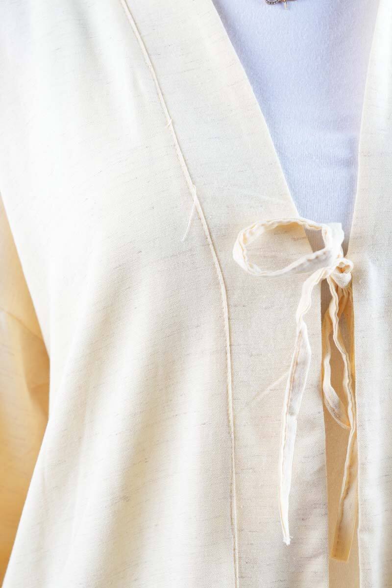 Tesettür Ceket Önden 2 Bağlamalı Keten Kimono Ceket Sarı - 5