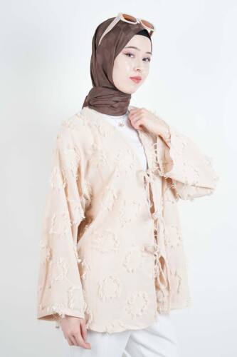 Tesettür Ceket Püskül Jakarlı Önden Bağlamalı Kimono Ceket Krem - 3
