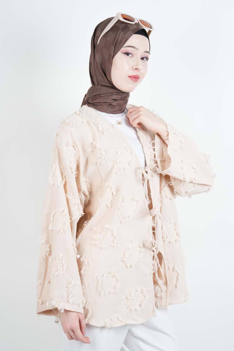 Tesettür Ceket Püskül Jakarlı Önden Bağlamalı Kimono Ceket Krem - 3